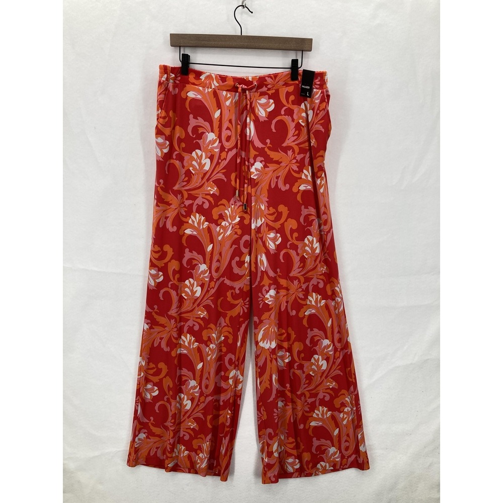 New York & Company Palazzo Pants Womens Large Red Floral Stretch Pockets Boho